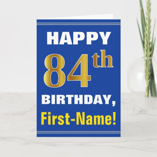 Vet, blauw, Faux Gold 84th Birthday met naam Kaart (Voorkant)