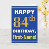 Vet, blauw, Faux Gold 84th Birthday met naam Kaart (Gele Bloem)