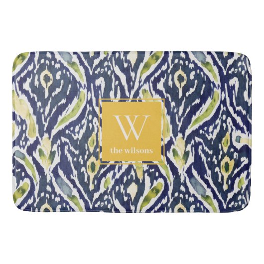 Vet Blauw Geel Abstract Classy Ikat Monogram Badmat (Voorkant)