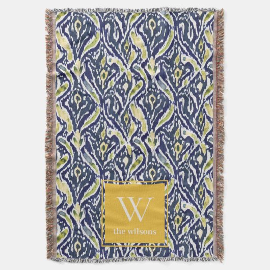 Vet Blauw Geel Abstract Classy Ikat Monogram Deken (Voorkant Verticaal)