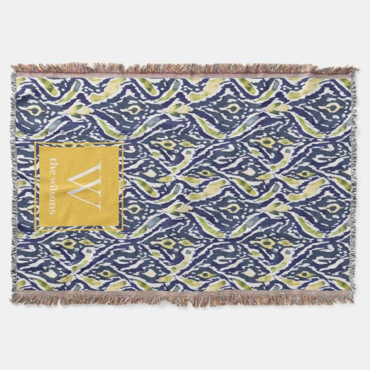 Vet Blauw Geel Abstract Classy Ikat Monogram Deken (Voorkant)