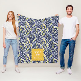 Vet Blauw Geel Abstract Classy Ikat Monogram Fleece Deken