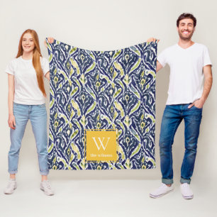 Vet Blauw Geel Abstract Classy Ikat Monogram Fleece Deken