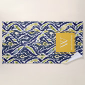 Vet Blauw Geel Abstract Classy Ikat Monogram Strandlaken (Voorkant)