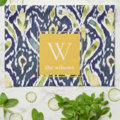 Vet Blauw Geel Abstract Classy Ikat Monogram Theedoek (Gevouwen)