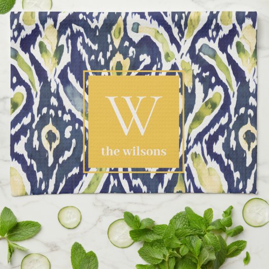 Vet Blauw Geel Abstract Classy Ikat Monogram Theedoek (Gevouwen)