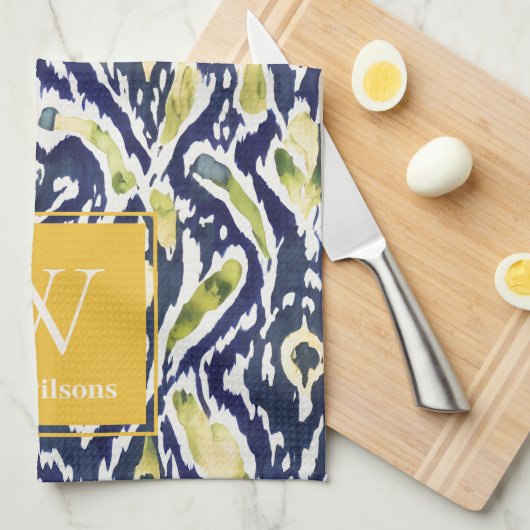 Vet Blauw Geel Abstract Classy Ikat Monogram Theedoek (Quarter Fold)