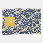 Vet Blauw Geel Abstract Classy Ikat Monogram Theedoek (Horizontaal)