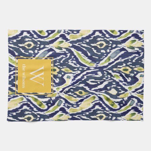 Vet Blauw Geel Abstract Classy Ikat Monogram Theedoek (Horizontaal)