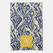Vet Blauw Geel Abstract Classy Ikat Monogram Theedoek (Verticaal)