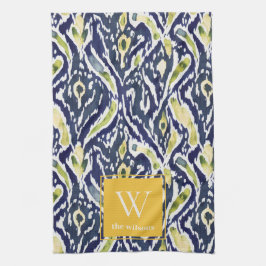 Vet Blauw Geel Abstract Classy Ikat Monogram Theedoek