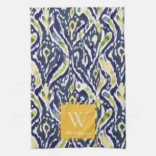Vet Blauw Geel Abstract Classy Ikat Monogram Theedoek