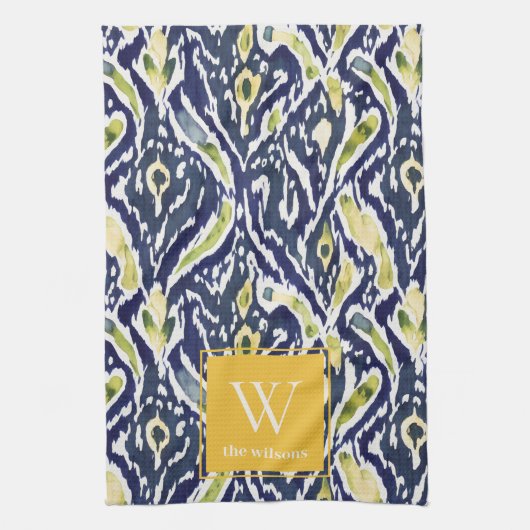 Vet Blauw Geel Abstract Classy Ikat Monogram Theedoek (Verticaal)