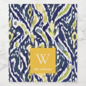 Vet Blauw Geel Abstract Classy Ikat Monogram Wijn Etiket (Enkel label)