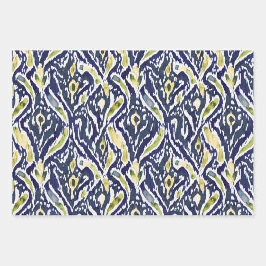 Vet Blauw Geel Abstract Classy Ikat Pattern Inpakpapier Vel (Voorkant)