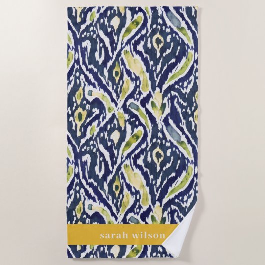 Vet Blauw Geel Abstract Classy Ikat Pattern Strandlaken (Voorkant)