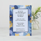 Vet blauw geel wilde bloemen bruiloft uitnodiging (Staand voorkant)