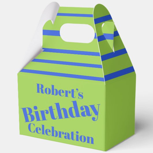Vet blauw op limoengroen verjaardagsfeestje bedankdoosjes (Achterkant)