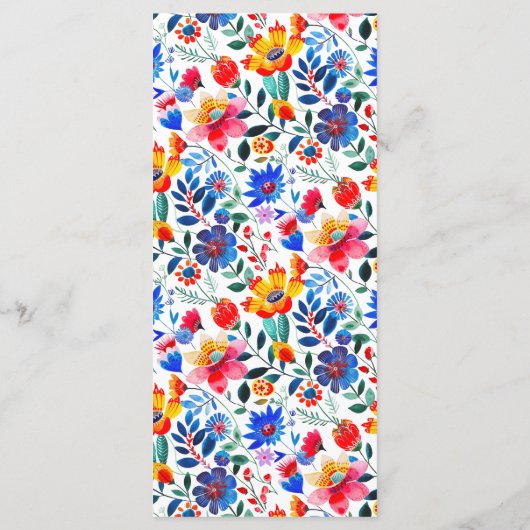 Vet Blauw & Sinaasappel Bloemen Folk Fiesta Weddin Menu (Achterkant)