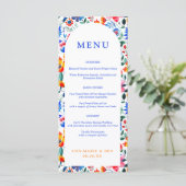 Vet Blauw & Sinaasappel Bloemen Folk Fiesta Weddin Menu (Staand voorkant)