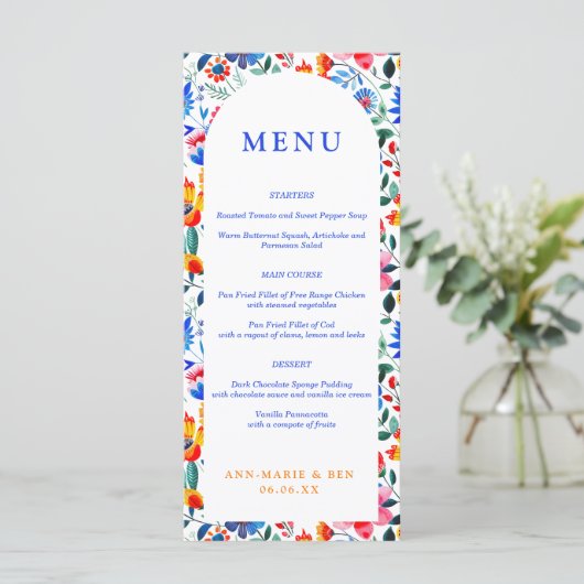 Vet Blauw & Sinaasappel Bloemen Folk Fiesta Weddin Menu (Staand voorkant)