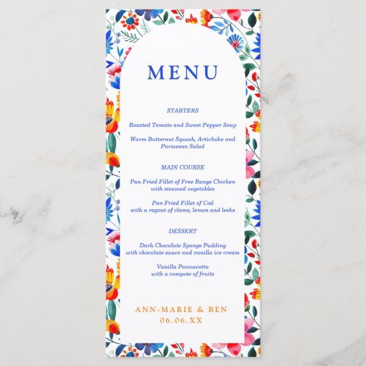Vet Blauw & Sinaasappel Bloemen Folk Fiesta Weddin Menu (Voorkant)