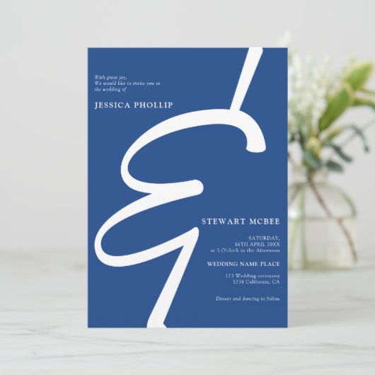 Vet blauw wit alles in één kalligrafie bruiloft kaart (Staand voorkant)