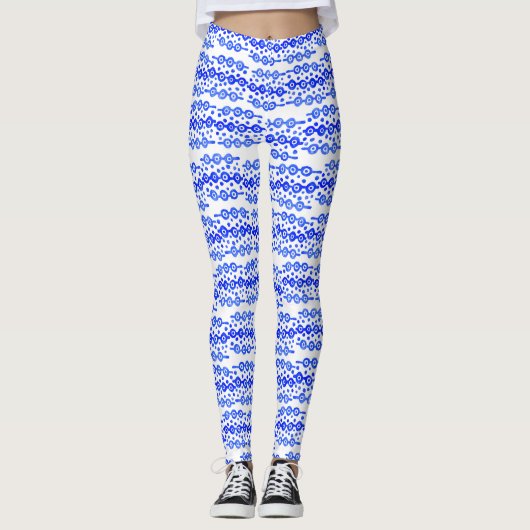 Vet Blauw Wit Batik Circle Block Print Abstract Leggings (Voorkant)