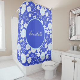 Vet Blauw Witte Bloemen Floral Pattern genaamd Douchegordijn