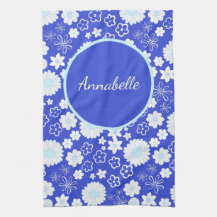 Vet Blauw Witte Bloemen Floral Pattern genaamd Theedoek