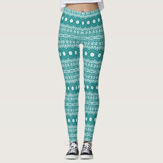 Vet Blauwgroen Mandala-patroon Leggings (Voorkant)