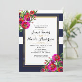 Vet Bloemen Blauw & Goud Elegant Modern Bruiloft Kaart (Staand voorkant)