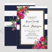 Vet Bloemen Blauw & Goud Elegant Modern Bruiloft Kaart (Voorkant / Achterkant)