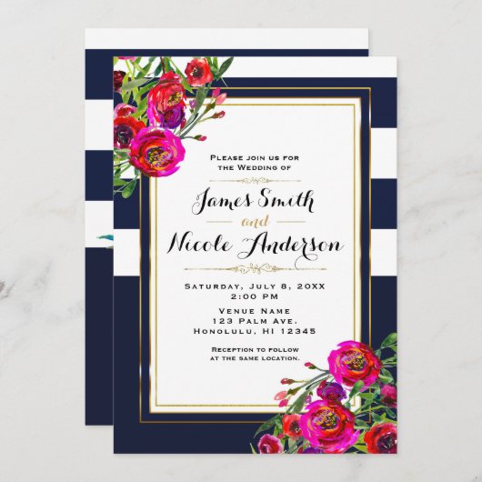 Vet Bloemen Blauw & Goud Elegant Modern Bruiloft Kaart (Voorkant / Achterkant)