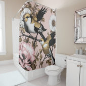 Vet Bloemen Vogels Roze Goud Modern Douchegordijn (In situ)