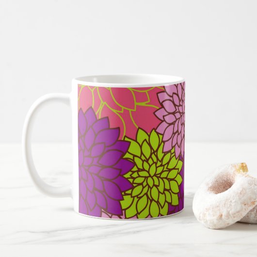 Vet bloemontwerp in limoengroen, roze, Paarse Koffiemok (Met donut)