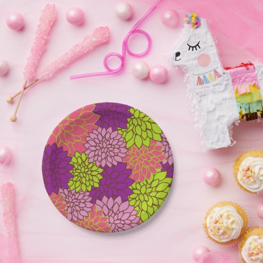 Vet bloemontwerp in limoengroen, roze, Paarse Papieren Bordje (Feest)