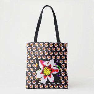 Vet bloempatroon van abstracte bloem op zwart tote bag