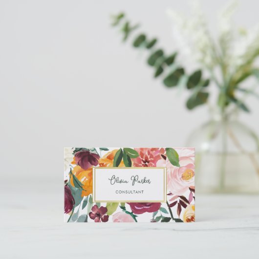 vet boeket | Kleurrijke bloemen en goud Visitekaartje (Staand voorkant)