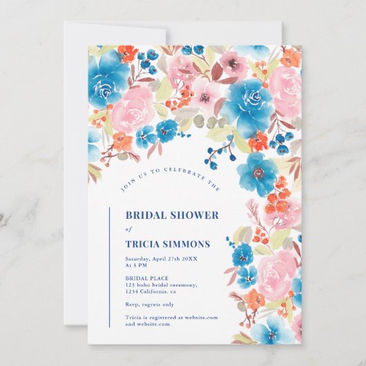 Vet Boho blauw roze wilde bloemboog vrijgezellenfe Kaart (Voorkant)