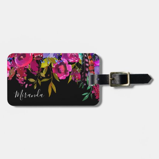 Vet Boho Bloemen Custom Monogrammed Bagagelabel (Voorkant horizontaal)