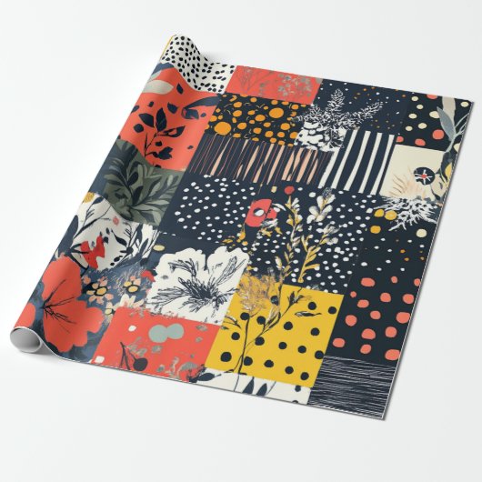 Vet Botanisch Patchwork Ontwerp Cadeaupapier (Uitgerold)