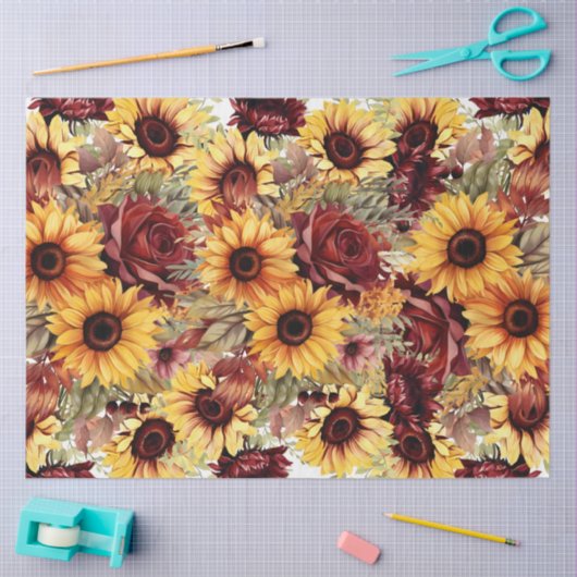 Vet Bourgogne & Zonnebloemen Bloemen Bloemen Decou Tissuepapier (Craft)