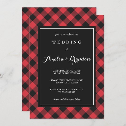 Vet Buffel Plaid Rood & Zwart Bruiloft Kaart (Voorkant / Achterkant)