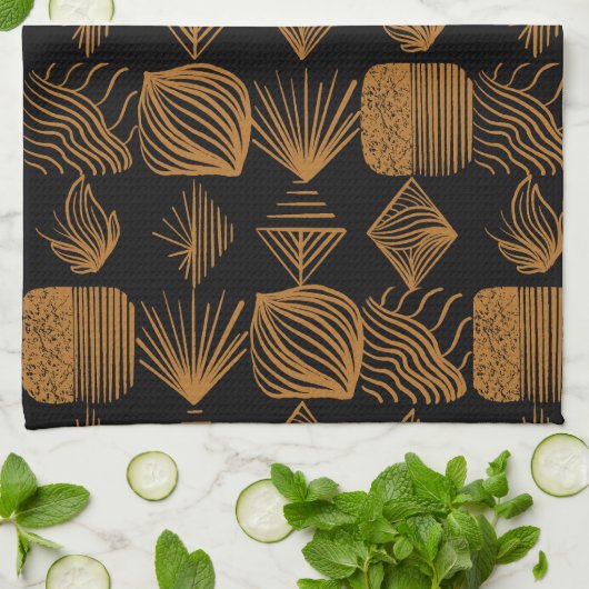 Vet Caribisch Tribal Mudcloth: Zwart, Goud Theedoek (Gevouwen)