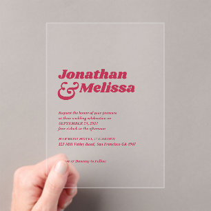 Vet Chic Retro Hot Pink Typografie Huwelijk Acryl Uitnodigingen