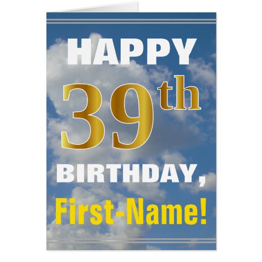 Vet, Cloudy Sky, Faux Gold 39th Birthday + Naam (Voorkant)