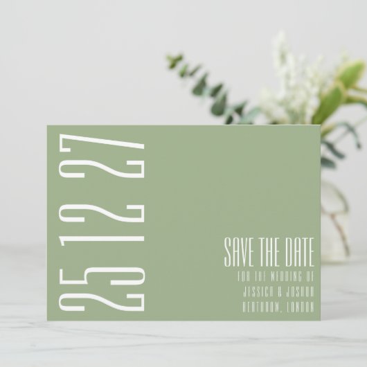 Vet Datum Sage Groen Wit Simplistic Bruiloft Save The Date (Staand voorkant)
