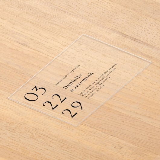 Vet Datum Schoon Minimaal Elegant Modern Bruiloft Acryl Uitnodigingen (Laagn)