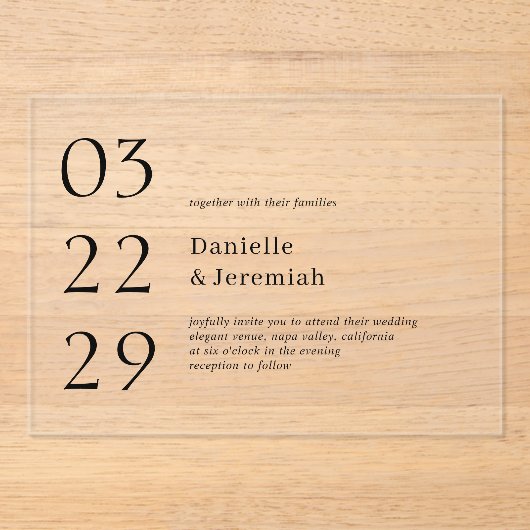 Vet Datum Schoon Minimaal Elegant Modern Bruiloft Acryl Uitnodigingen (Voorkant)